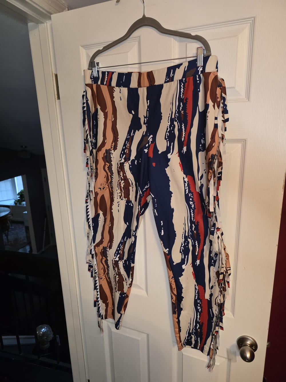 SHEIN Abstract Fringe Side Leggings - Navy, Cream & Brown